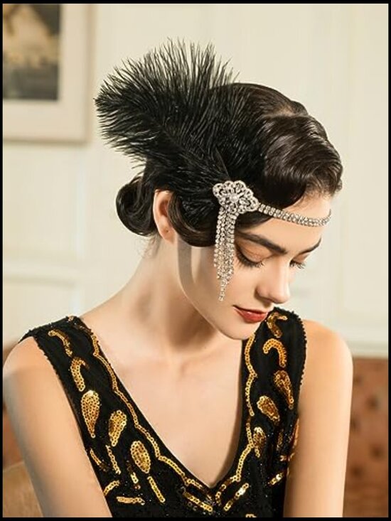 Vintage Flapper Headband with Feathers and Rhinestones 1920s Gatsby Hair